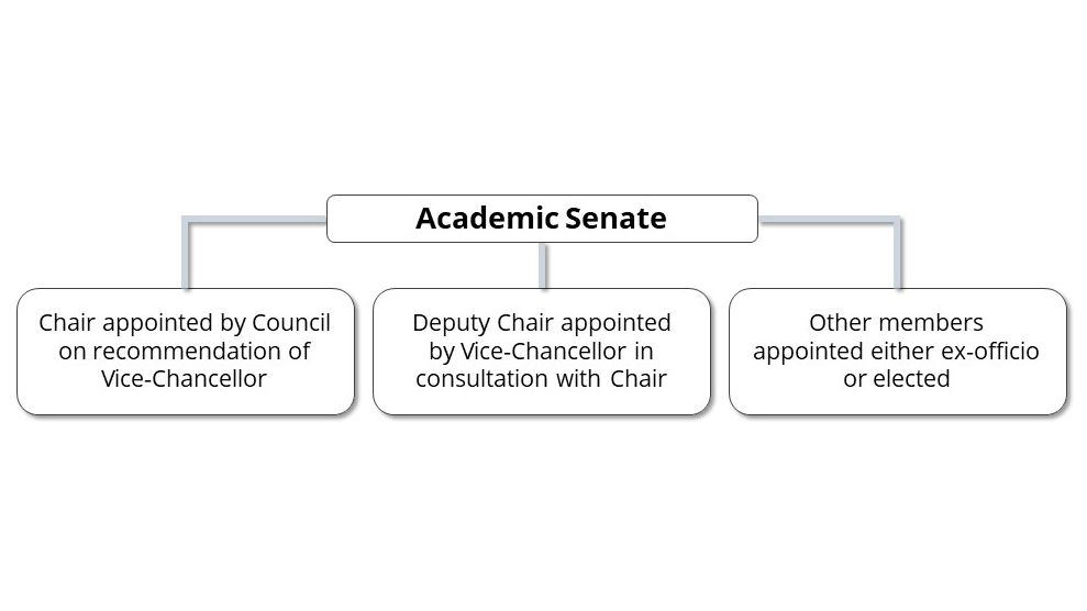 Academic Senate's Chair is appointed by Council on recommendation of Vice-Chancellor. The Deputy Chair is appointed by the Vice-Chancellor in consultation with the Chair. Other members are appointed either ex-officio or elected.