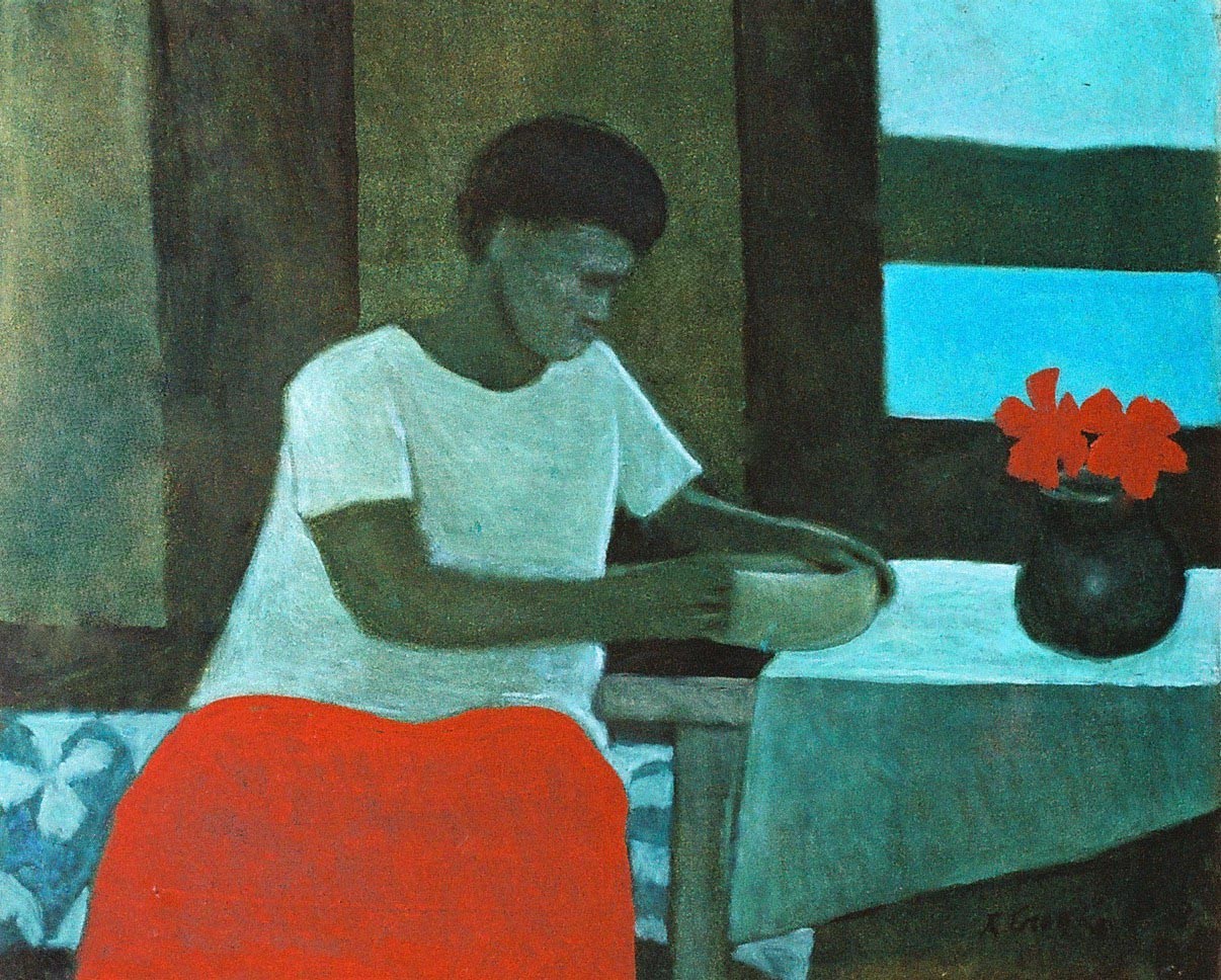 Painting of a woman sitting at a table with flowers