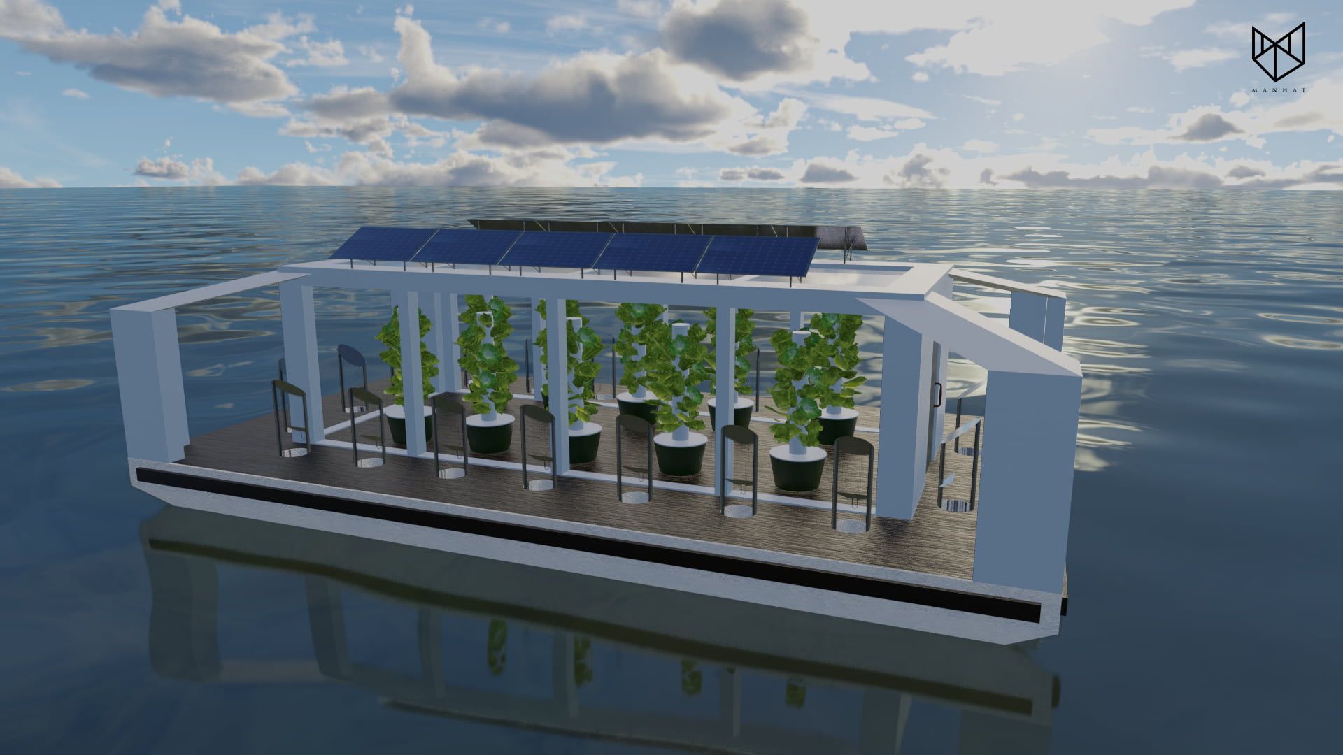 A platform in the middle of the ocean with plants and an irrigation system attached, including solar panels on the roof of the farm. 