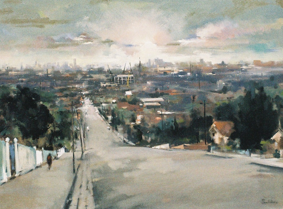 Painting of a street with city skyline visible in background