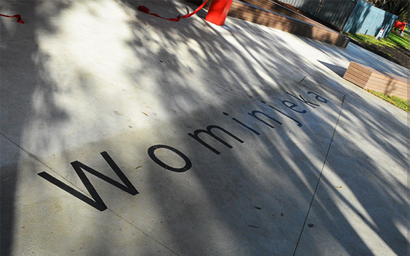 Wominjeka printed on the ground out the front of the Croydon campus entrance