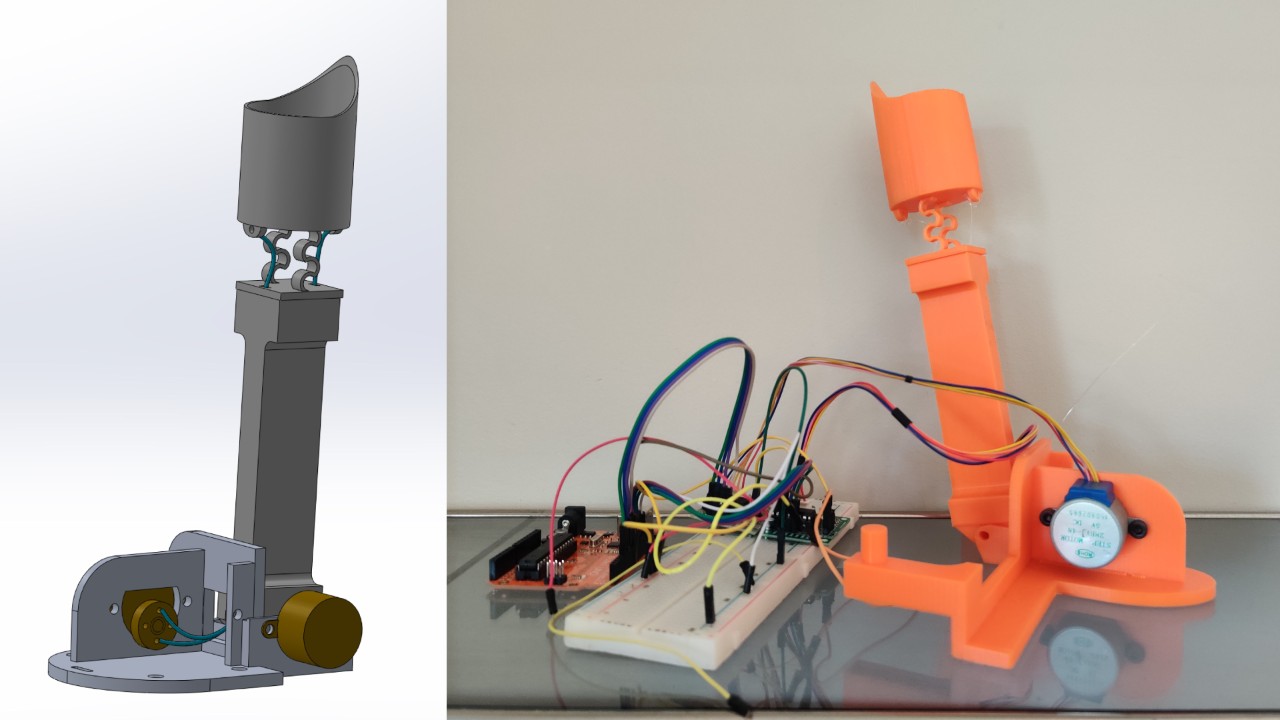 There are two images of the BICEP attachment. one a computer render and the other a bright orange 3D printed prototype connected to a power source.