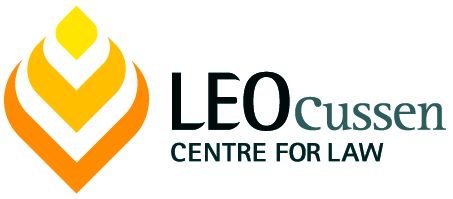 yellow and orange abstract logo on the left and Leo Cussen Centre for law spelt out in stylistic font on the right