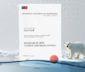 An image of a Swinburne University graduation certificate from a "Bachelor of Arts (Climate and Social Justice)" placed on a grey background with a water landscape and polar bear. .