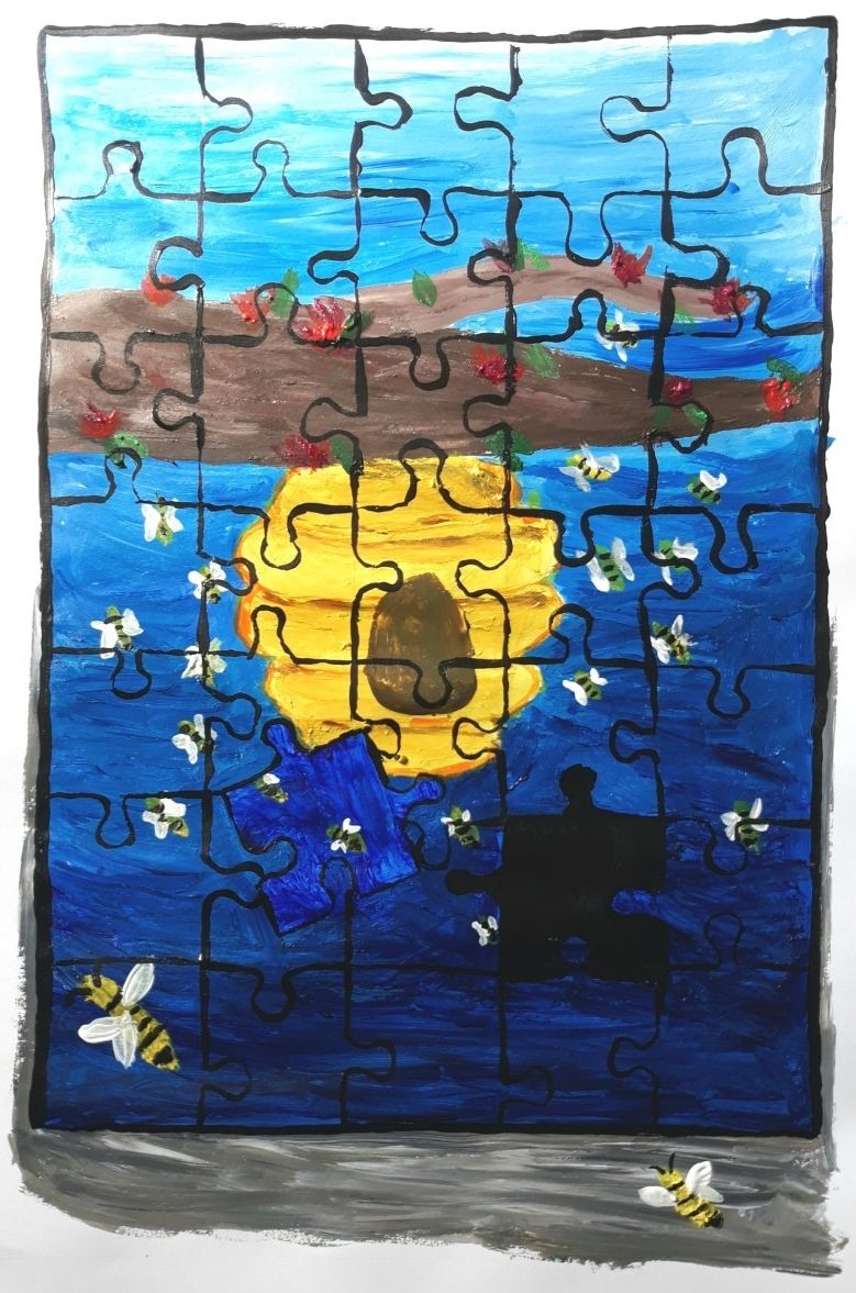 A painting of a beehive hanging from a tree surrounded by bees, made to look like a puzzle, by student Jessi Hooper.