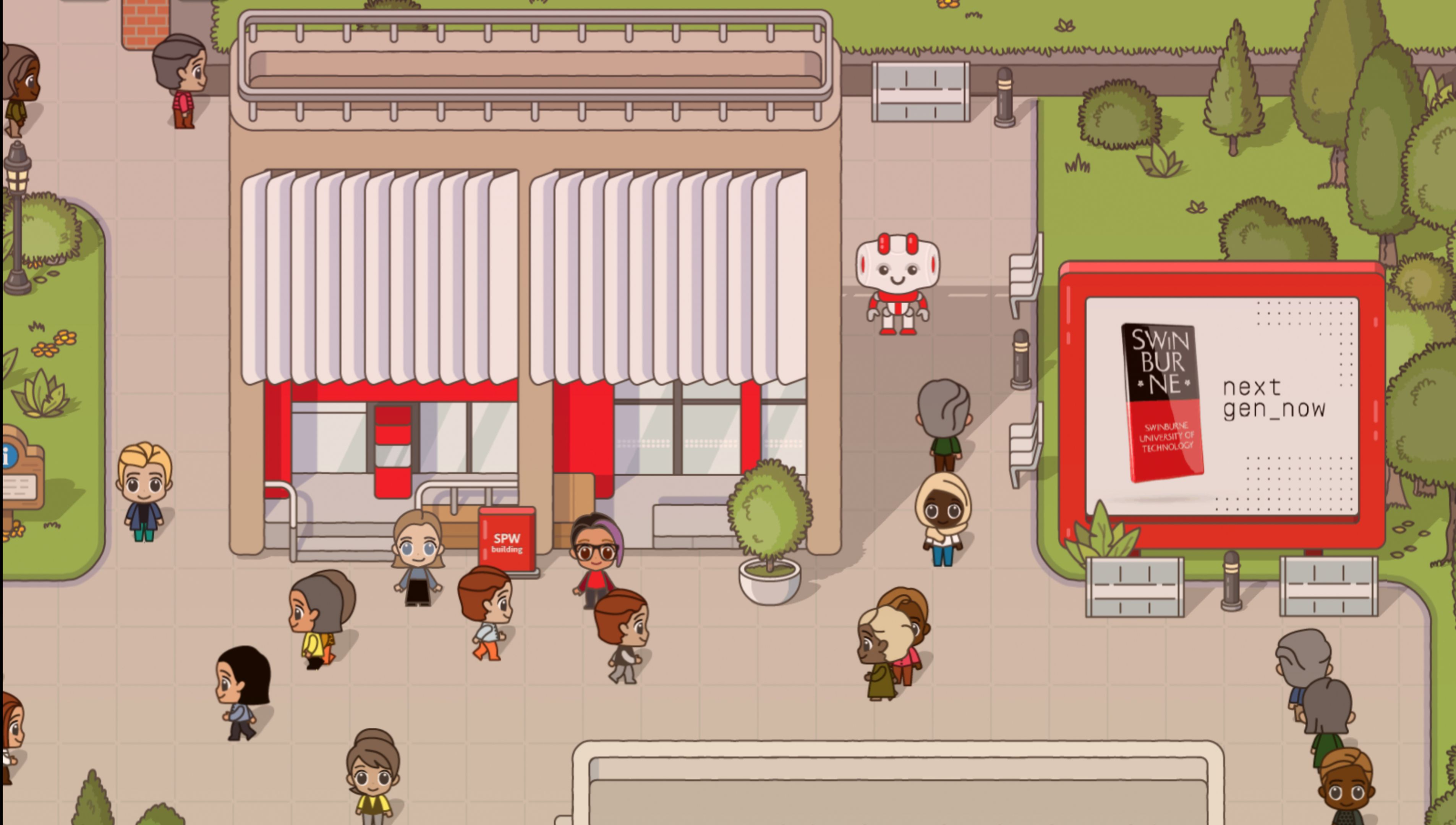 A gamified illustration of the Swinburne Hawthorn campus and students exploring Swintopia, our virtual campus experience. 