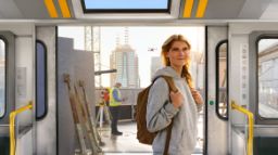 Smiling female student standing at the open train doors with a construction crew behind her showing her future as an engineering professional.