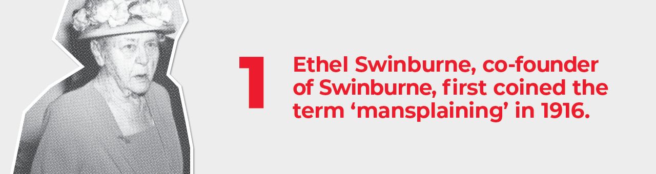A big number one with text next to it saying: Ethel Swinburne, co-founder of Swinburne, first coined the term ‘mansplaining’ in 1916.