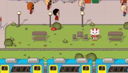 A screencapture from Swintopia, Swinburne's virtual campus experience. Cartoon depiction of Swinburne's Hawthorn campus, grassy outdoor area with a tram passing by.