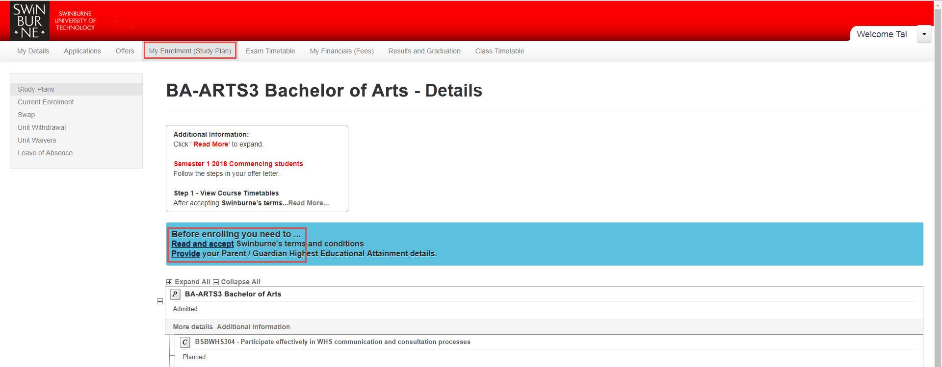 Screenshot of the ‘My Enrolment (Study Plan)’ webpage indicating that you must read and accept Swinburne’s terms and conditions and provide HECS details by clicking the text links highlighted in blue.