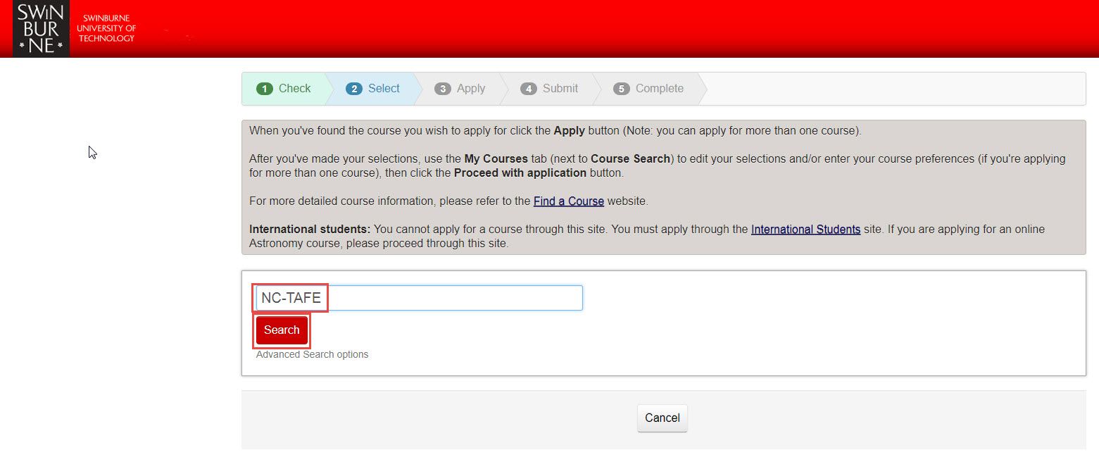 Screenshot of the Swinburne Applications website that is showing you to search ‘NC-TAFE’ in the blue search box.