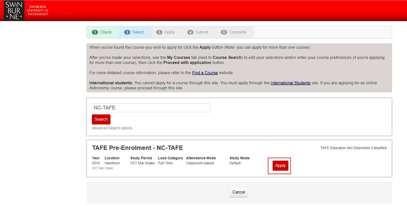 Screenshot of the Swinburne Applications website that shows a red ‘Apply’ button that allows you to apply for TAFE Pre-Enrolment.