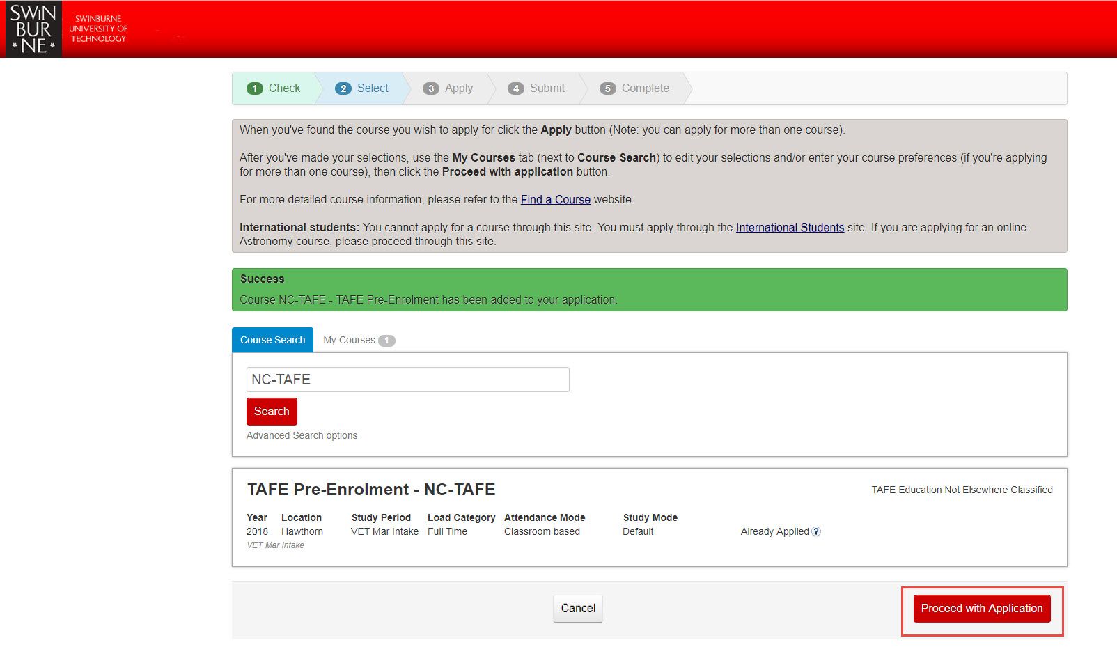 Screenshot of the Swinburne Applications website with TAFE Pre-Enrolment added to the application and a red ‘Proceed with Application’ button in the bottom right corner.