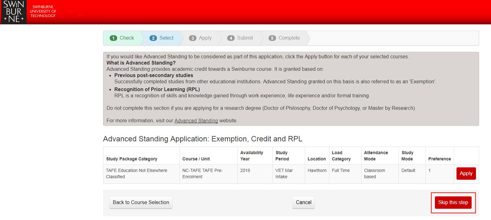 Screenshot of the Swinburne Applications website indicating to select the red ‘Skip this step’ button on the bottom right.