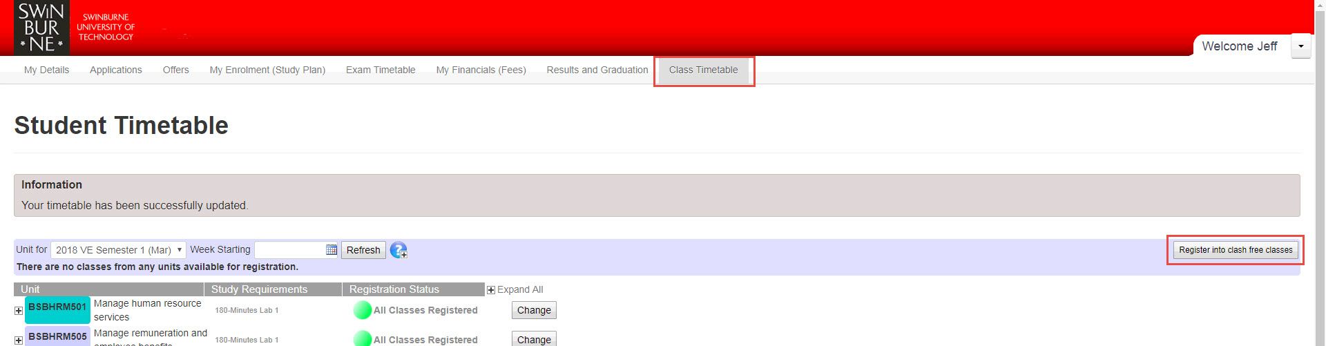 Screenshot of the ‘Class Timetable’ tab of the eStudent site that shows by clicking the grey ‘Register into clash free classes’ button on the right-hand side to automate a class timetable.