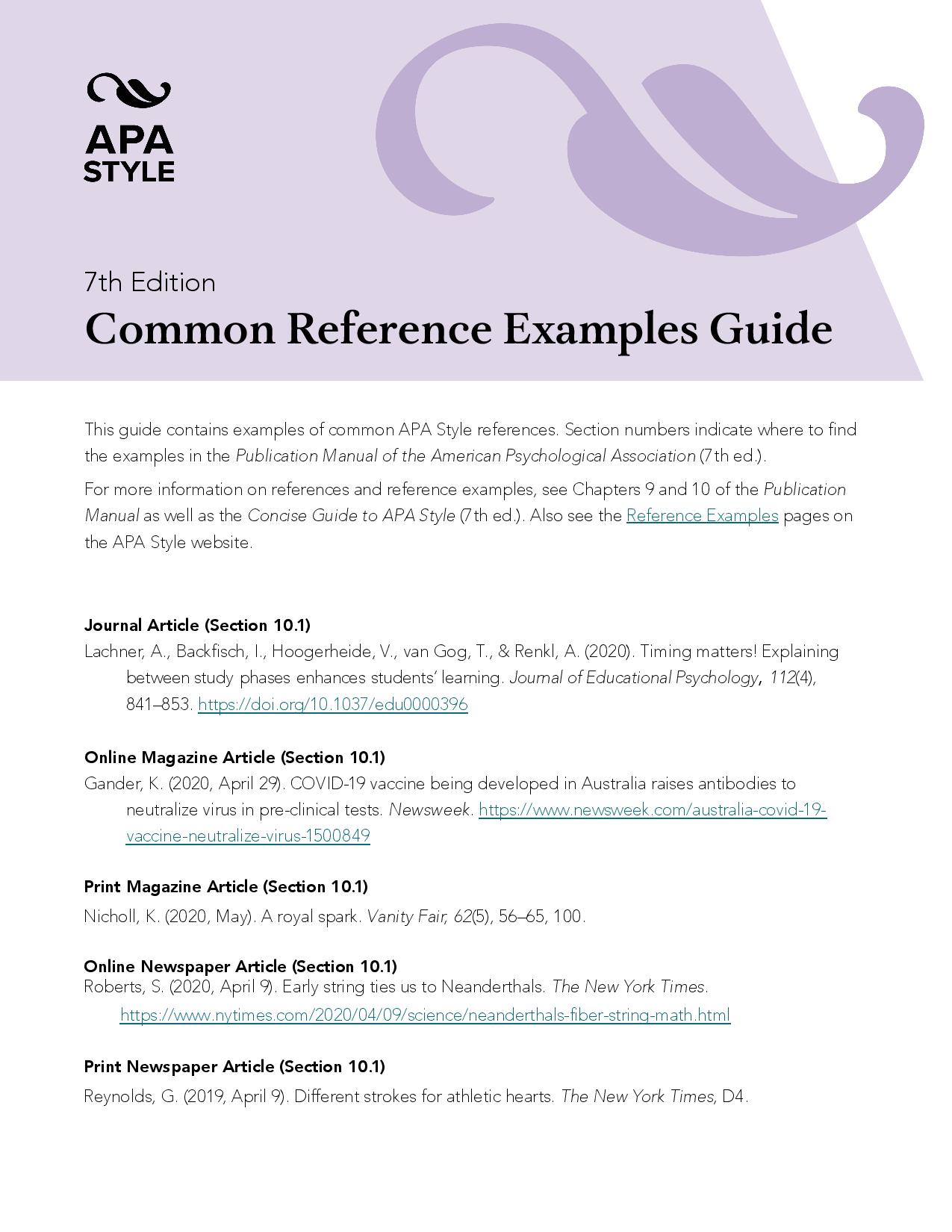 APA 7th edition common reference examples guide