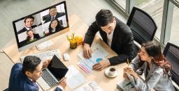 Video call group business people meeting on virtual workplace or remote office