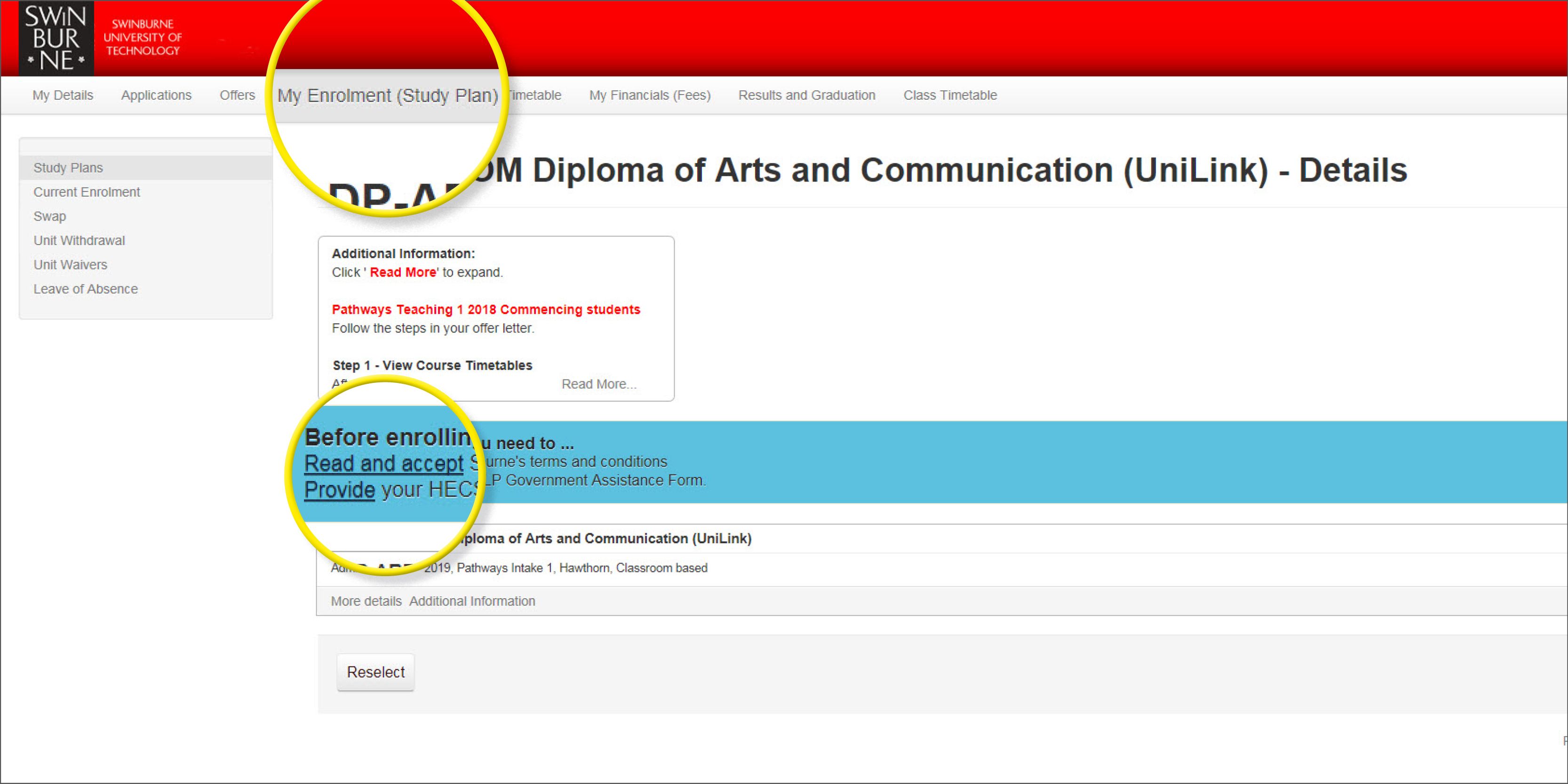 Screenshot of the ‘My Enrolment (Study Plan)’ webpage indicating that you must read and accept Swinburne’s terms and conditions and provide HECS details by clicking the text links highlighted in blue.