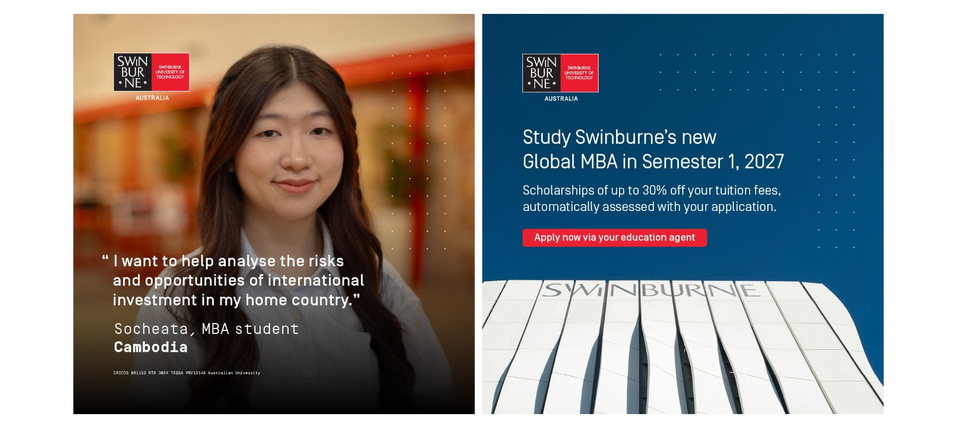 First image is a portrait of Master of Business Administration student Socheata from Cambodia with a quote describing her goal to help boost international investment in her home country. Second image is a photograph of Swinburne's AMDC Building with a headline promoting the Semester 1 2027 intake and international scholarships of up to 30%.