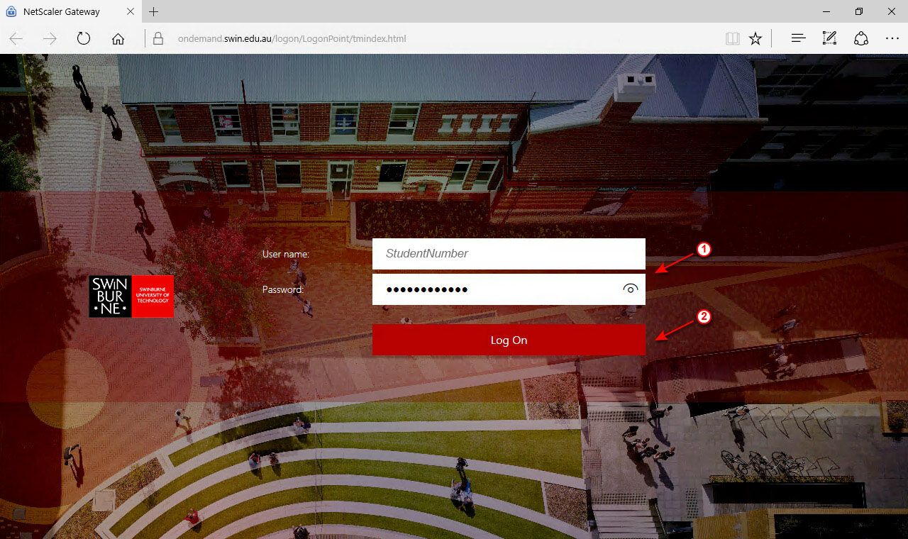 Screenshot of web browser open on a Swinburne login page. A number 1 arrow points to the password field and a number 2 arrow points to the login button