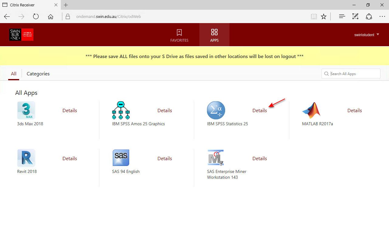 Screenshot of a web browser open to Swinburne's Apps on Demand with a red arrow pointing to a link entitled details
