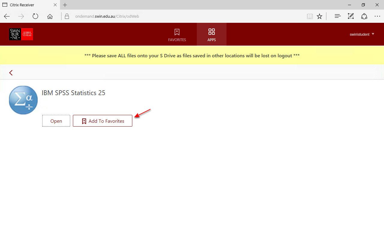 Screenshot of a web browser open to Swinburne's Apps on Demand with a red arrow pointing at the add to favourites link