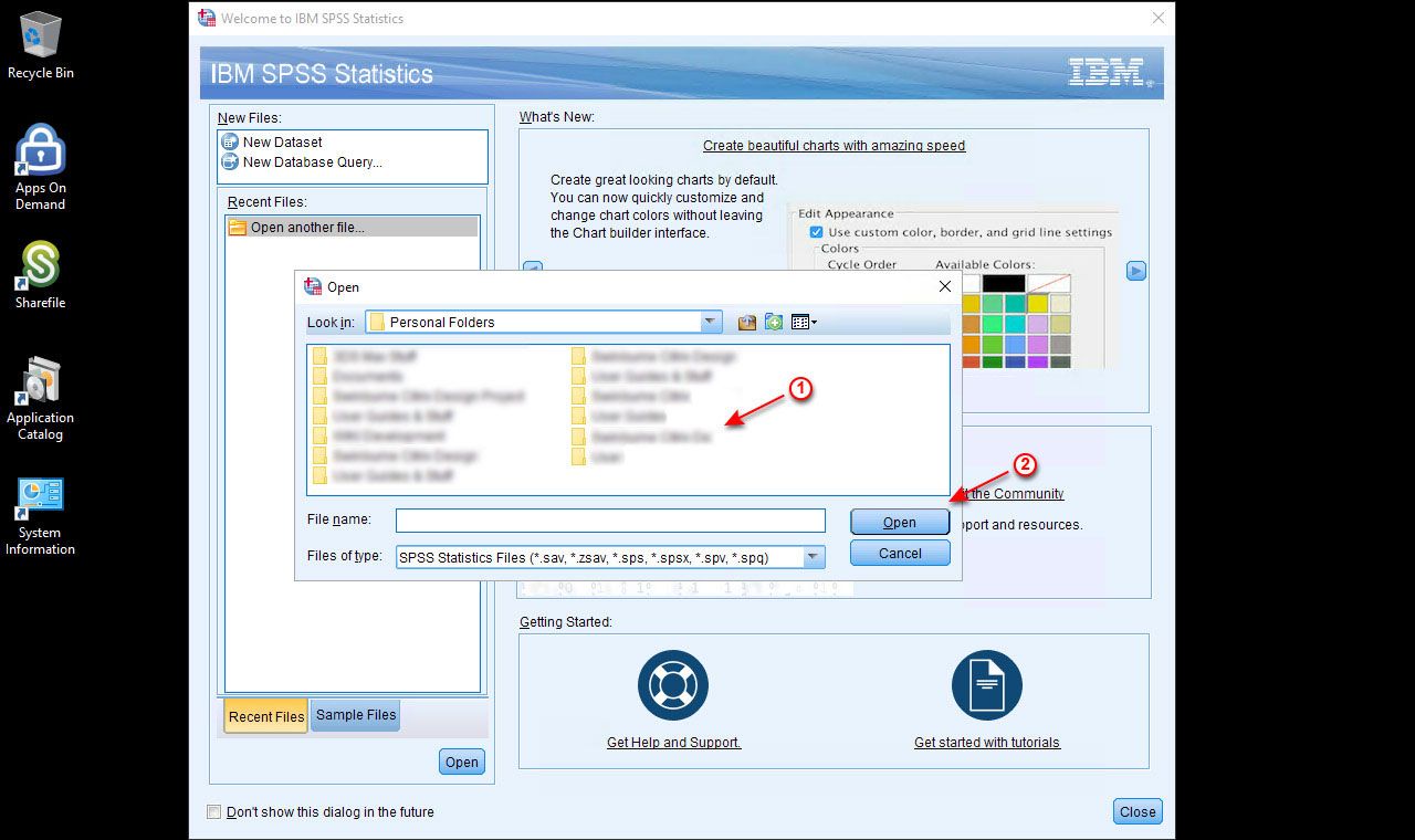 Screenshot of IBM program with a red arrow labelled 1 pointing to list of folders and another arrow labelled 2 pointing at the Open button