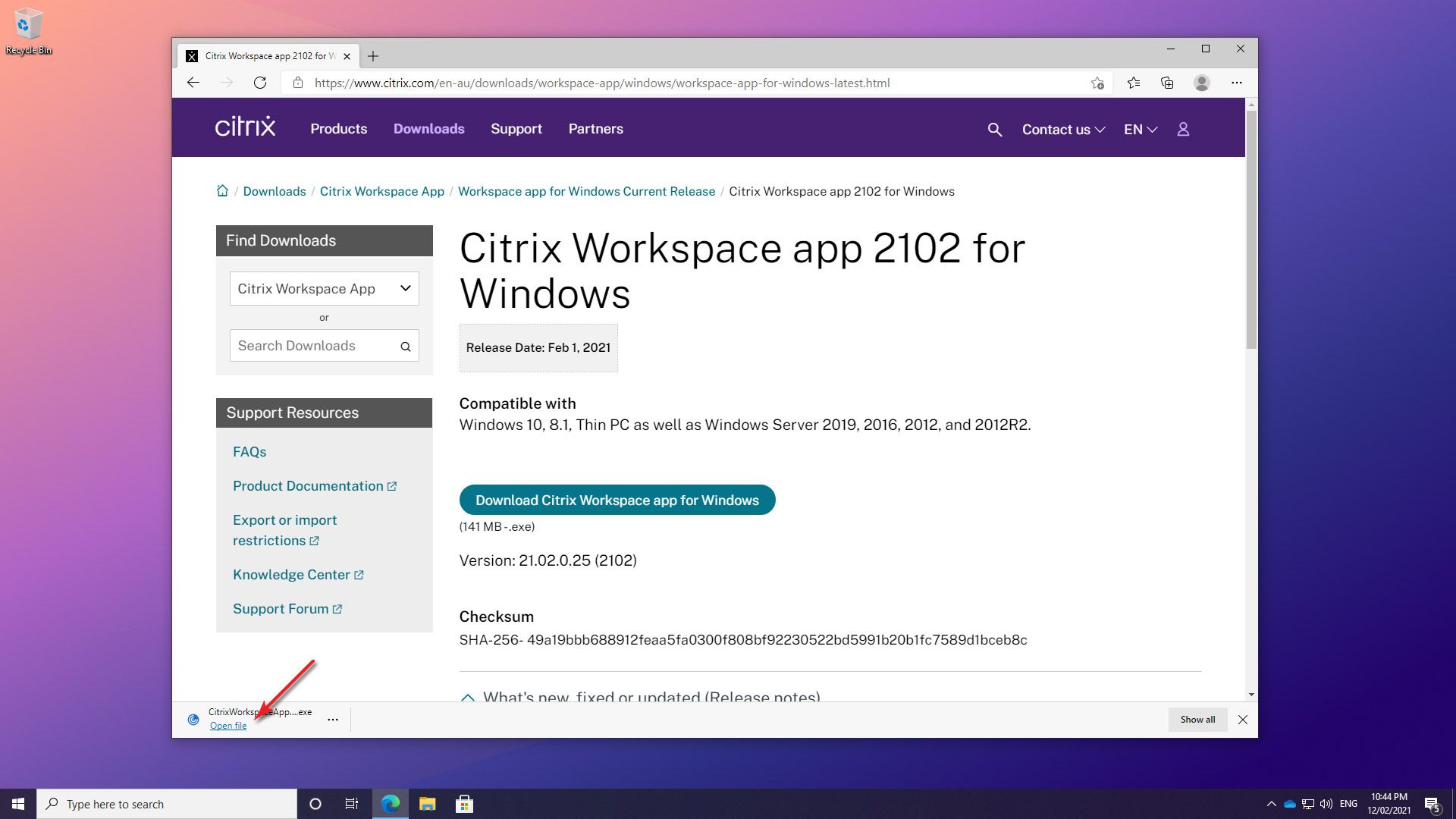 A screengrab of Citrix installation on Windows 10 highlighting step 5 in the process
