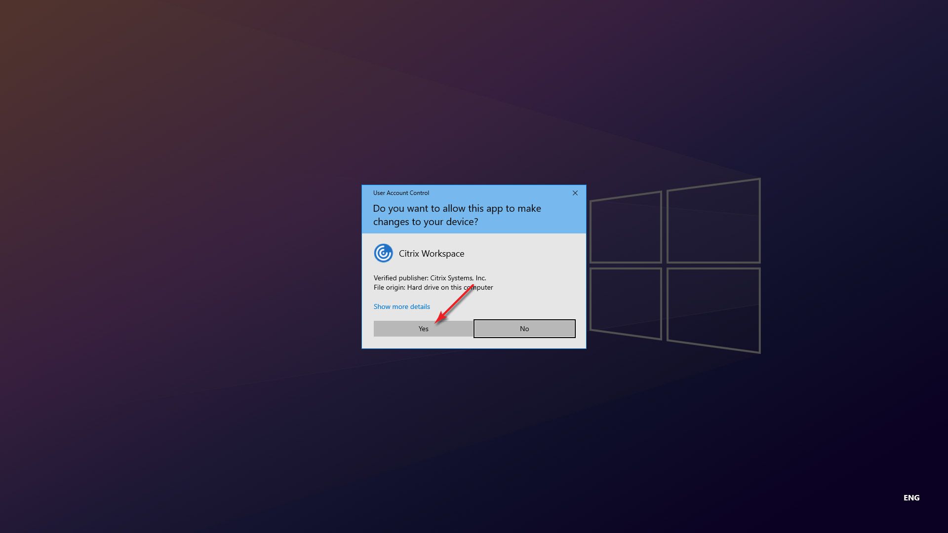 A screengrab of Citrix installation on Windows 10 highlighting step 6 in the process