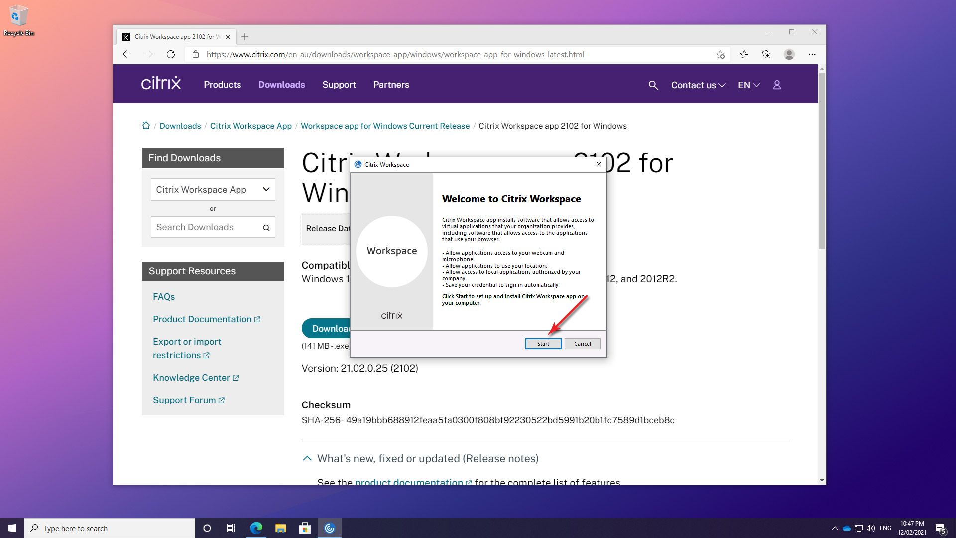 A screengrab of Citrix installation on Windows 10 highlighting step 7 in the process