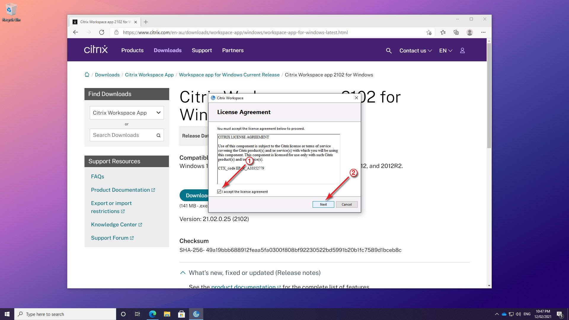 A screengrab of Citrix installation on Windows 10 highlighting step 8 in the process