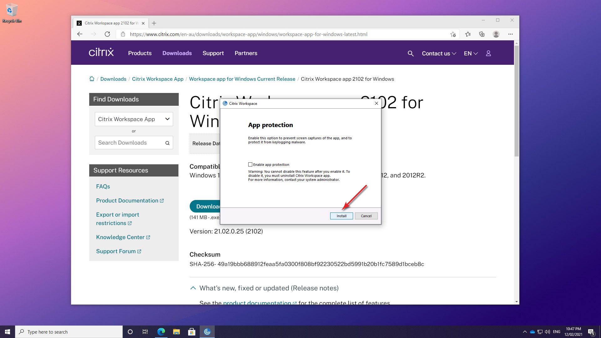 A screengrab of Citrix installation on Windows 10 highlighting step 9 in the process