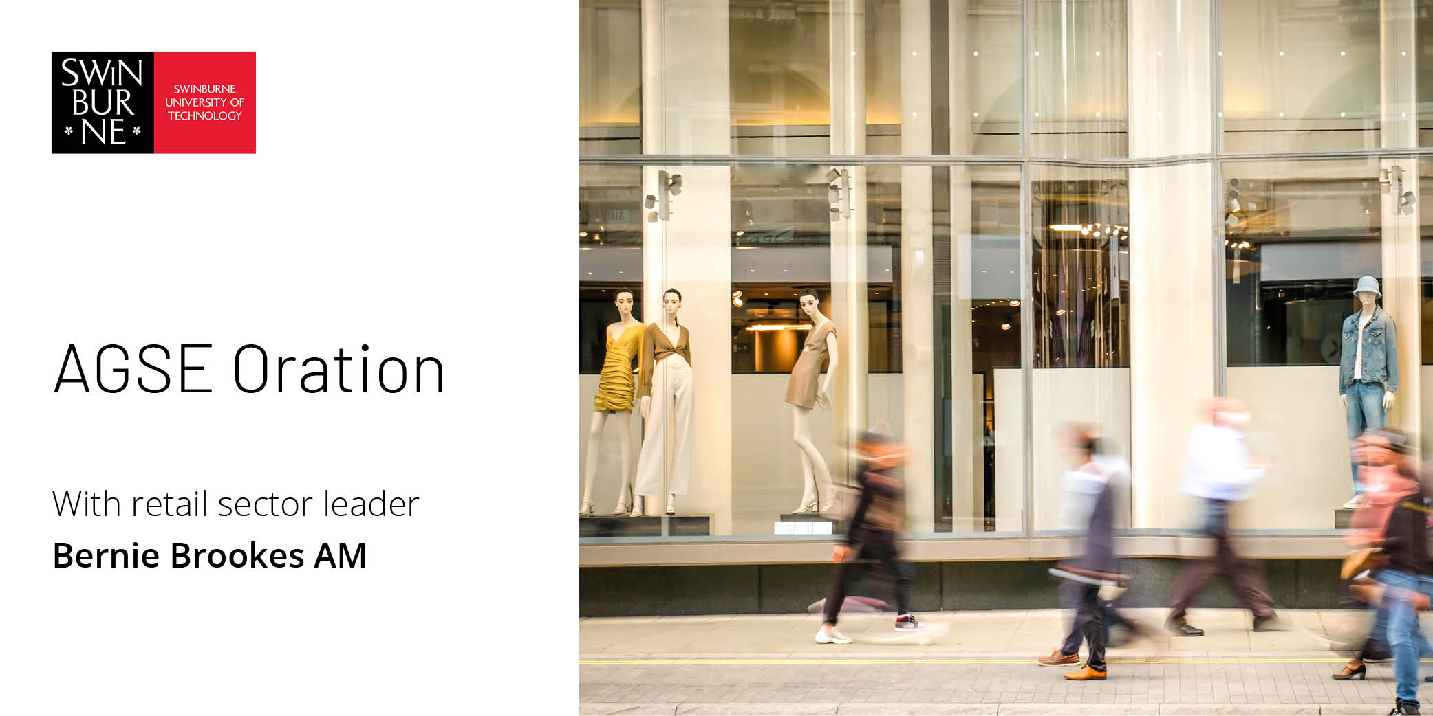 Event banner for AGSE Oration with Bernie Brookes AM 