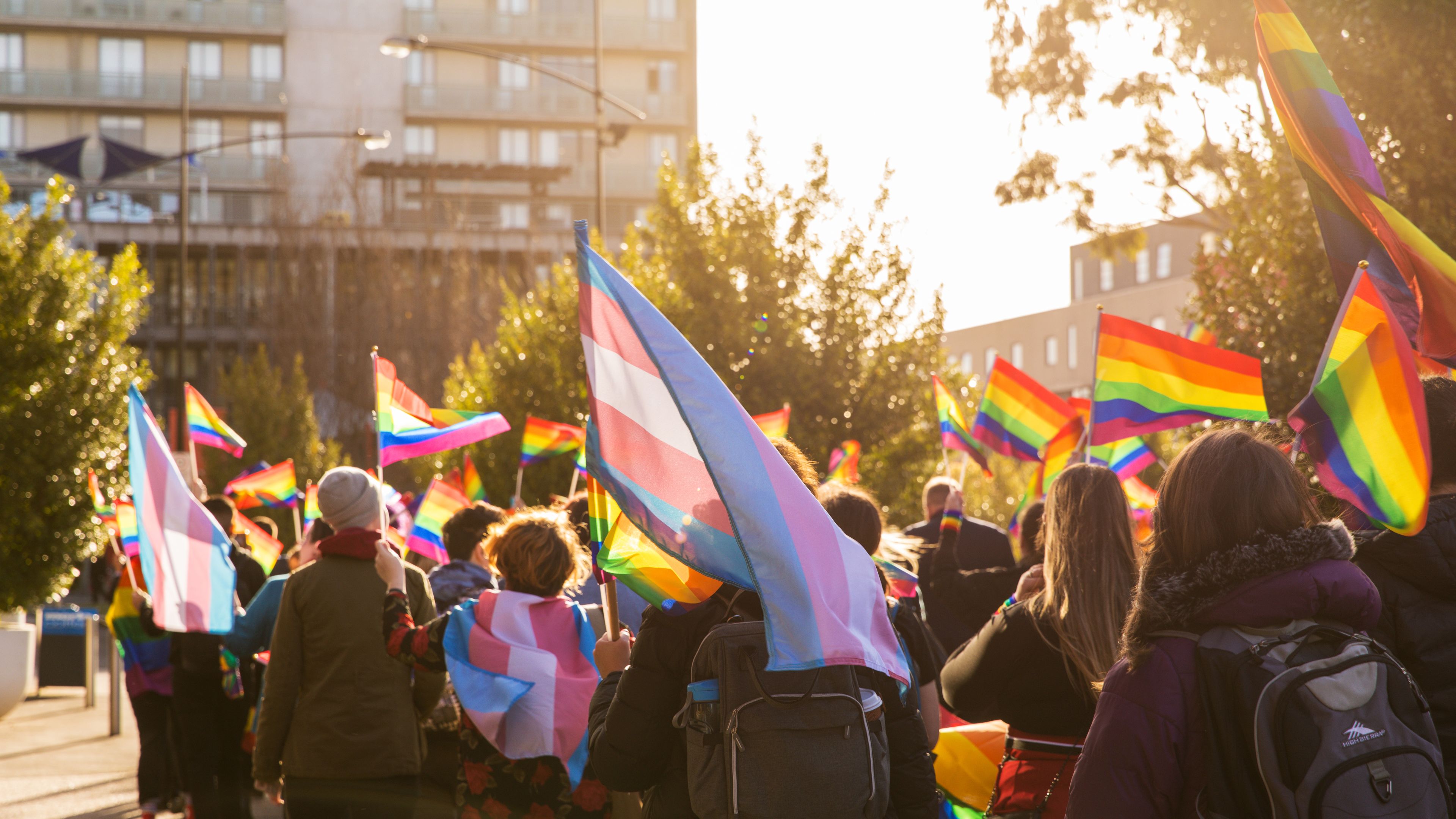 A pride crowd marches waving LGPTQI flags.