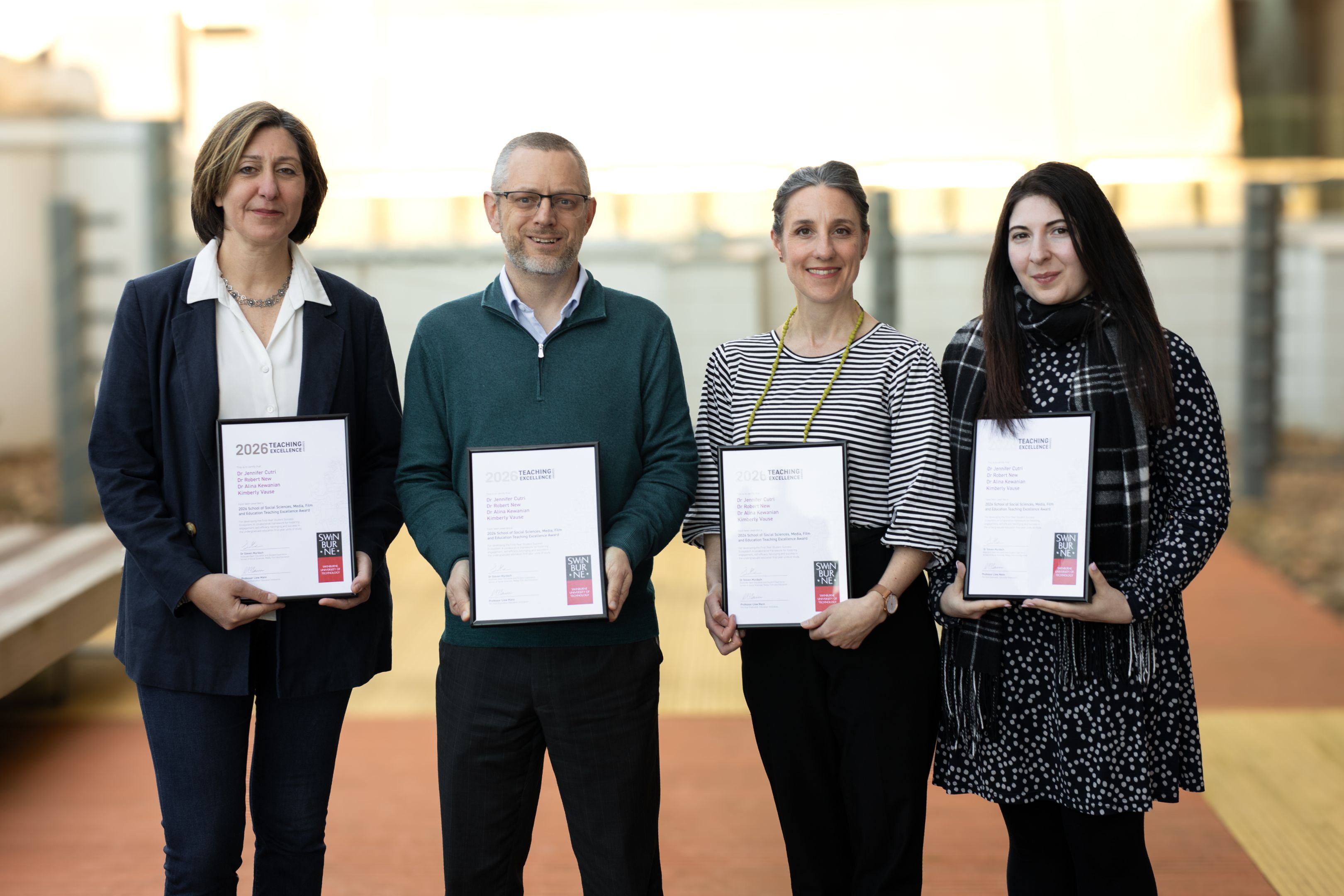 2026 School Teaching Excellence Award recipients Dr Jennifer Cutri, Dr Robert New, Dr Alina Kewanian and Kimberly Vause with their certificates