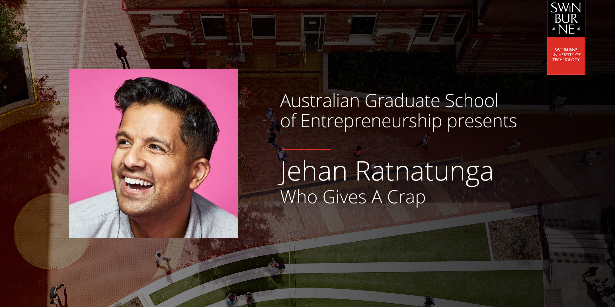 Promotional banner for upcoming event presented by Jehan Ratnatunga from Australian Graduate School of Entrepreneurship.