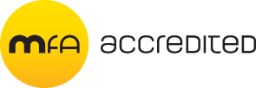 Yellow and Black MFA logo with black text to the right that reads "accredited".