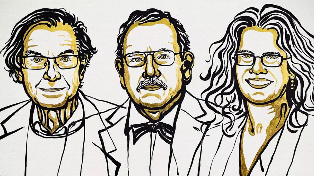 Illustration of 2020 Nobel Physics prizewinners Roger Penrose, Reinhard Genzel and Andrea Ghez 