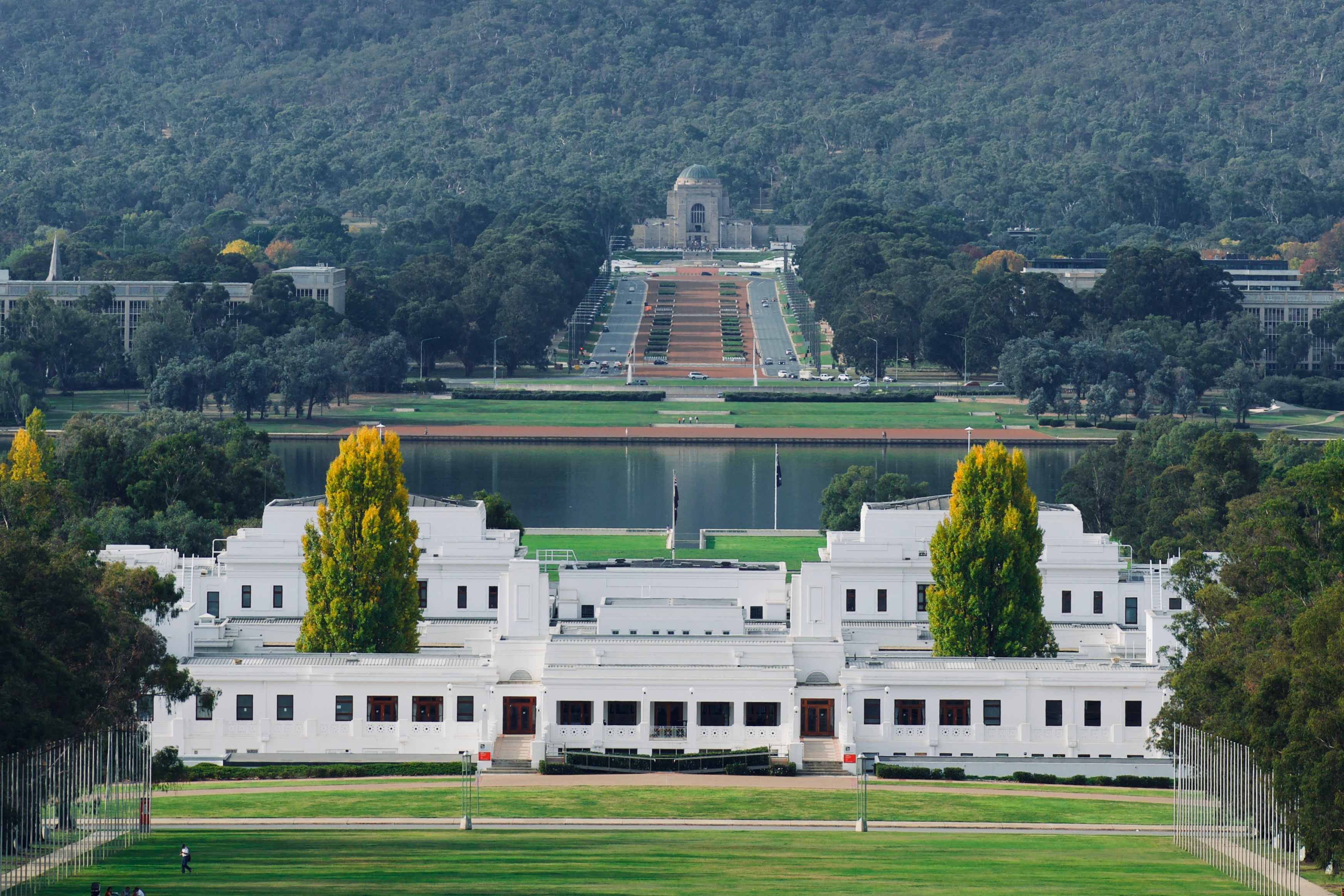 A wide landscape of Parliament house in Canberra 
