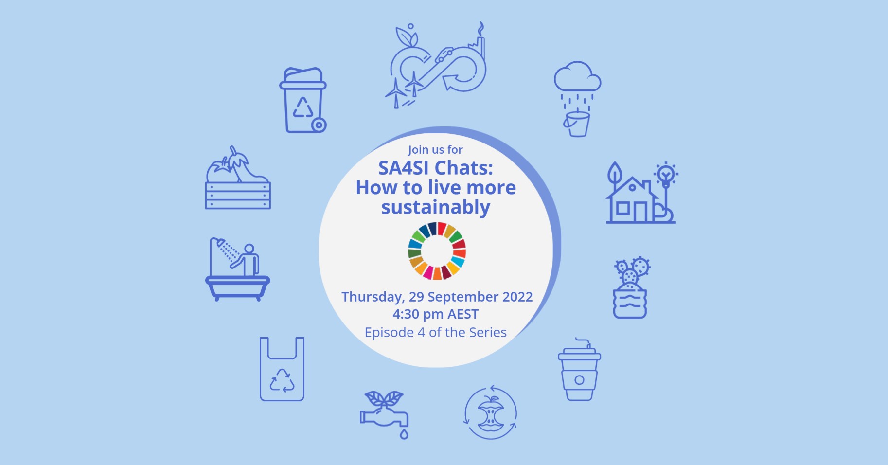 Icons representing sustainability on a blue background with information on the SASS1 Chat 4 on September 29. 