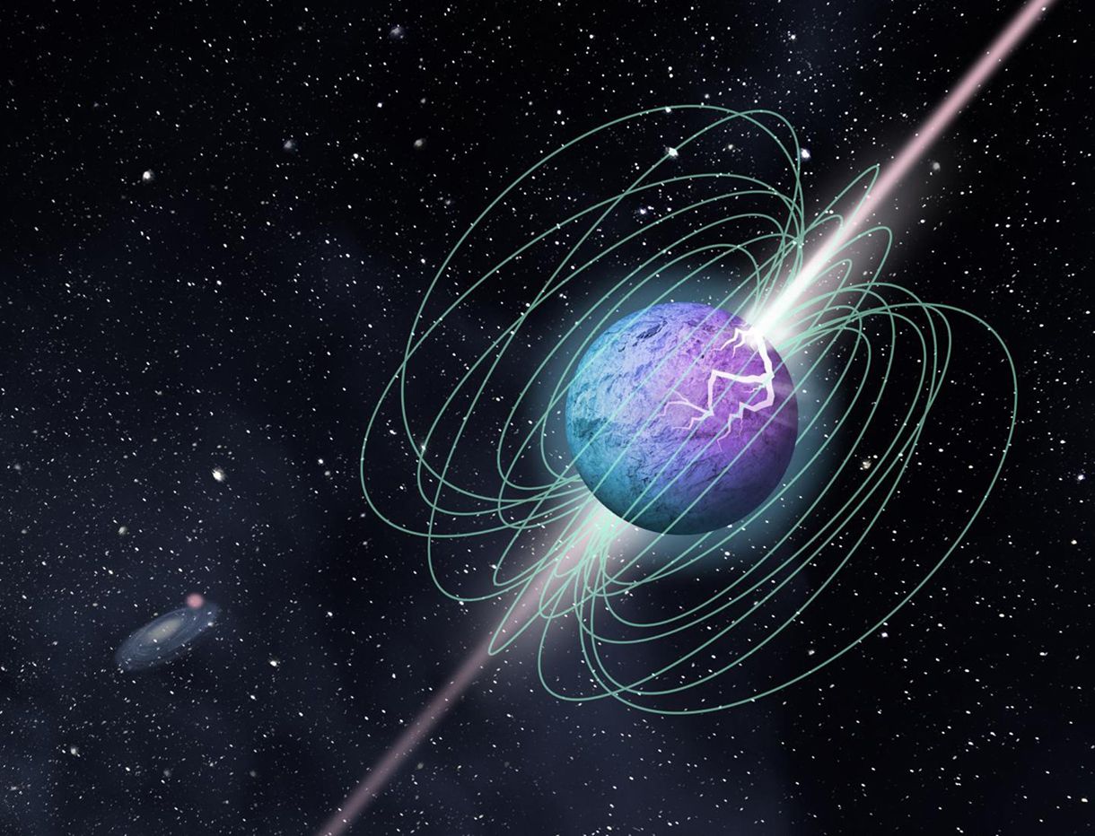 Artist’s impression of the SGR 1935+2154 magnetar, showing complex magnetic field structure and beamed emission. Image credit: McGill University Graphic Design Team.