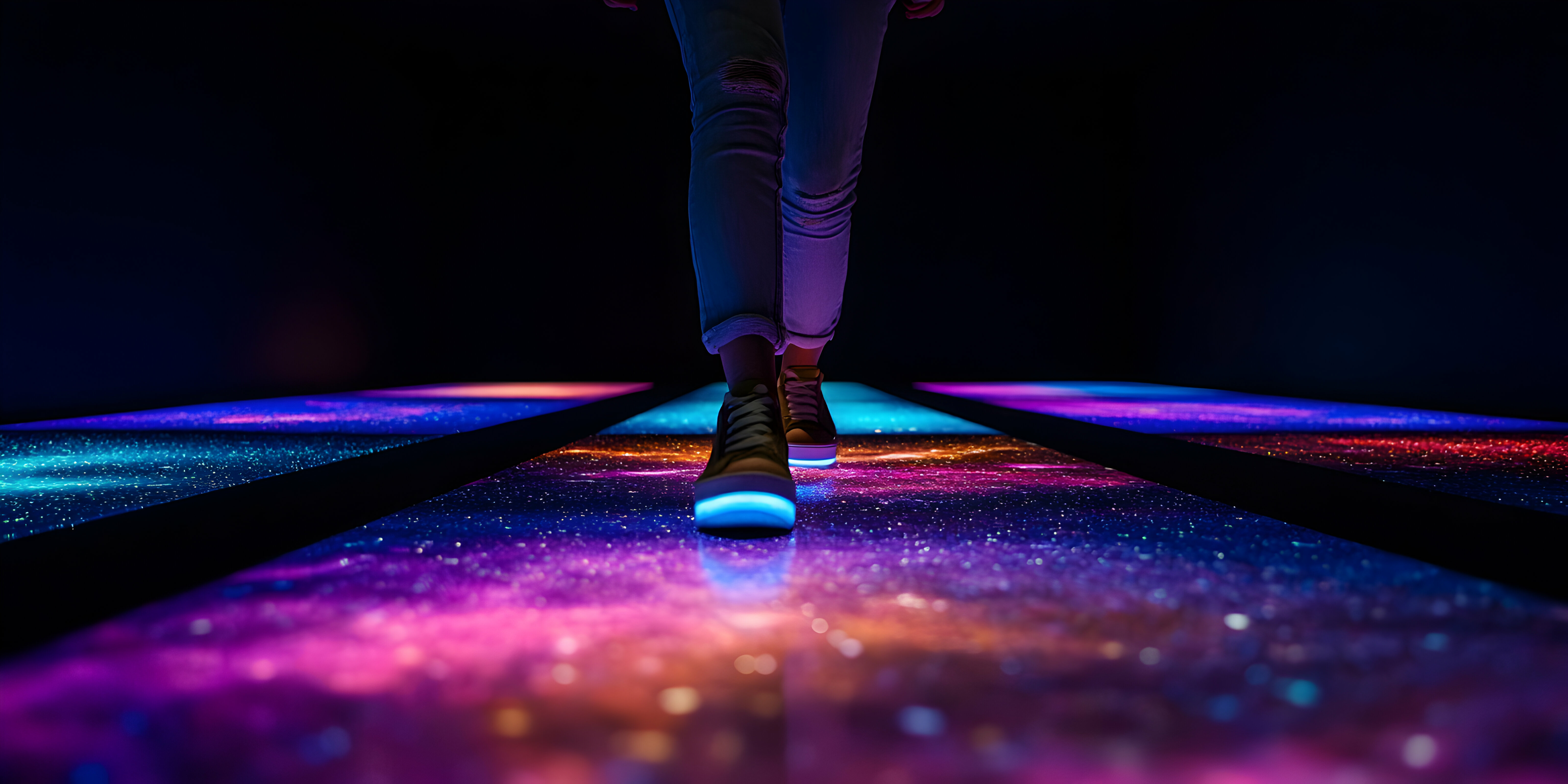 Visitor walking on illuminated interactive floor projection mapping installation art, creating an immersive and futuristic experience.