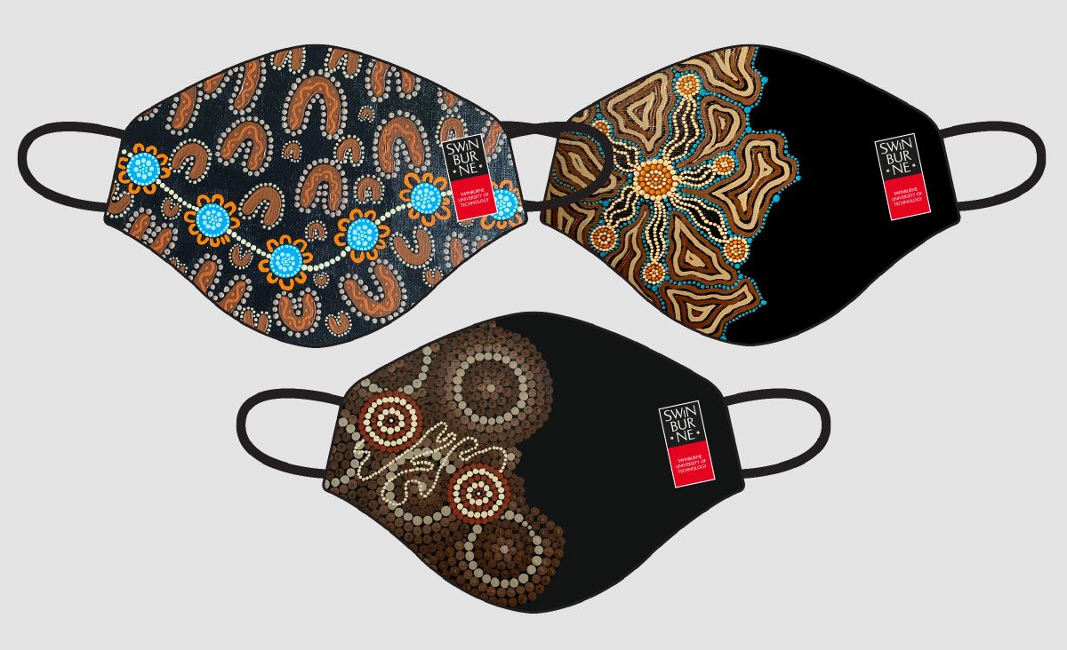 Three Swinburne branded Indigenous face masks created by Swinburne student Katie Bugden 