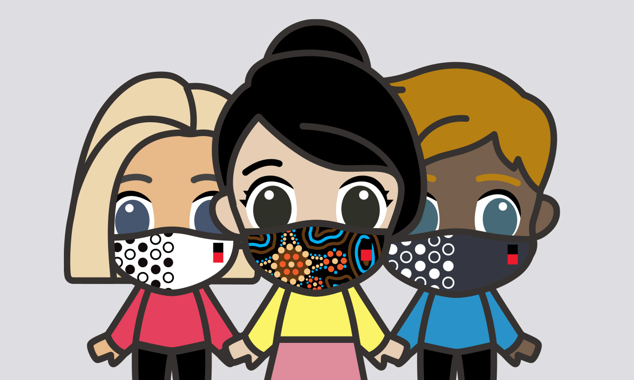 Three animated characters wearing Swinburne branded face masks, with the one in the middle wearing the new Indigenous design