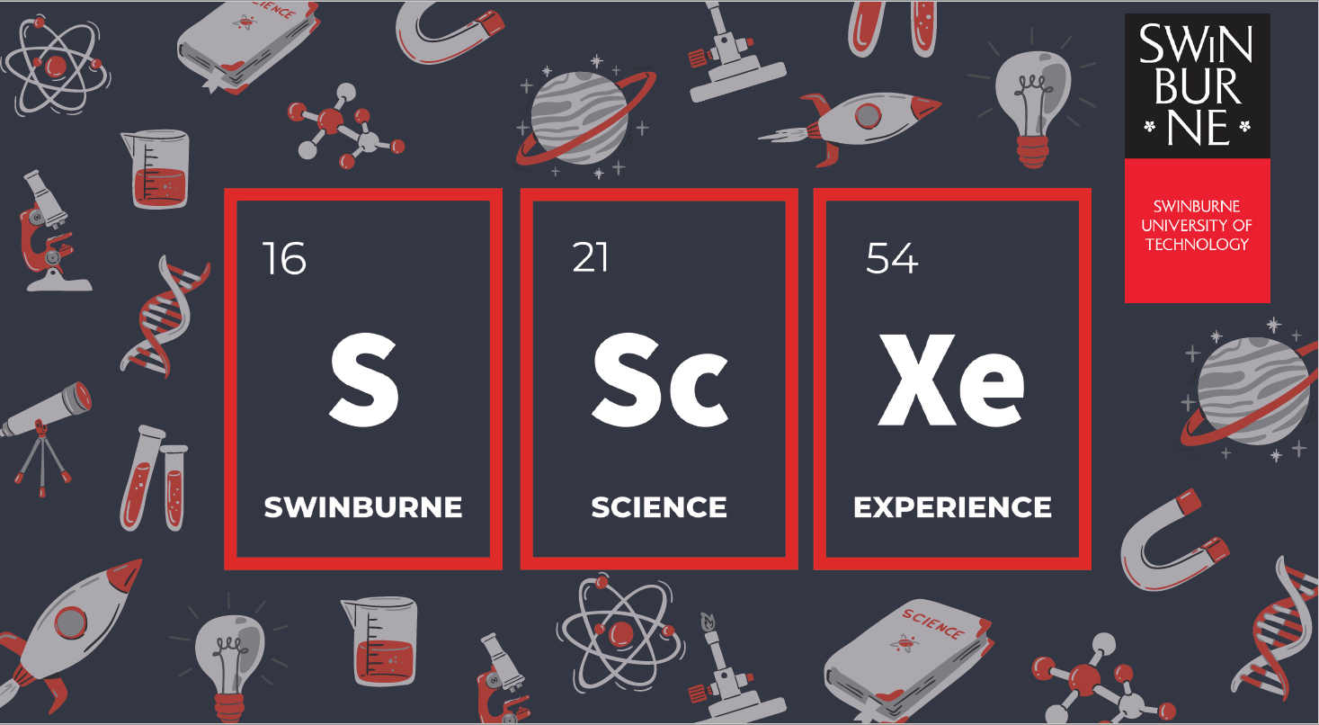 Text says "Swinburne Science Experience" and is aligned with scientific chemistry references S = Swinburne, Sc = Science, Xe = Experience.. It also has a black background with science icons such as test tubes, DNA, atoms, rockets. 