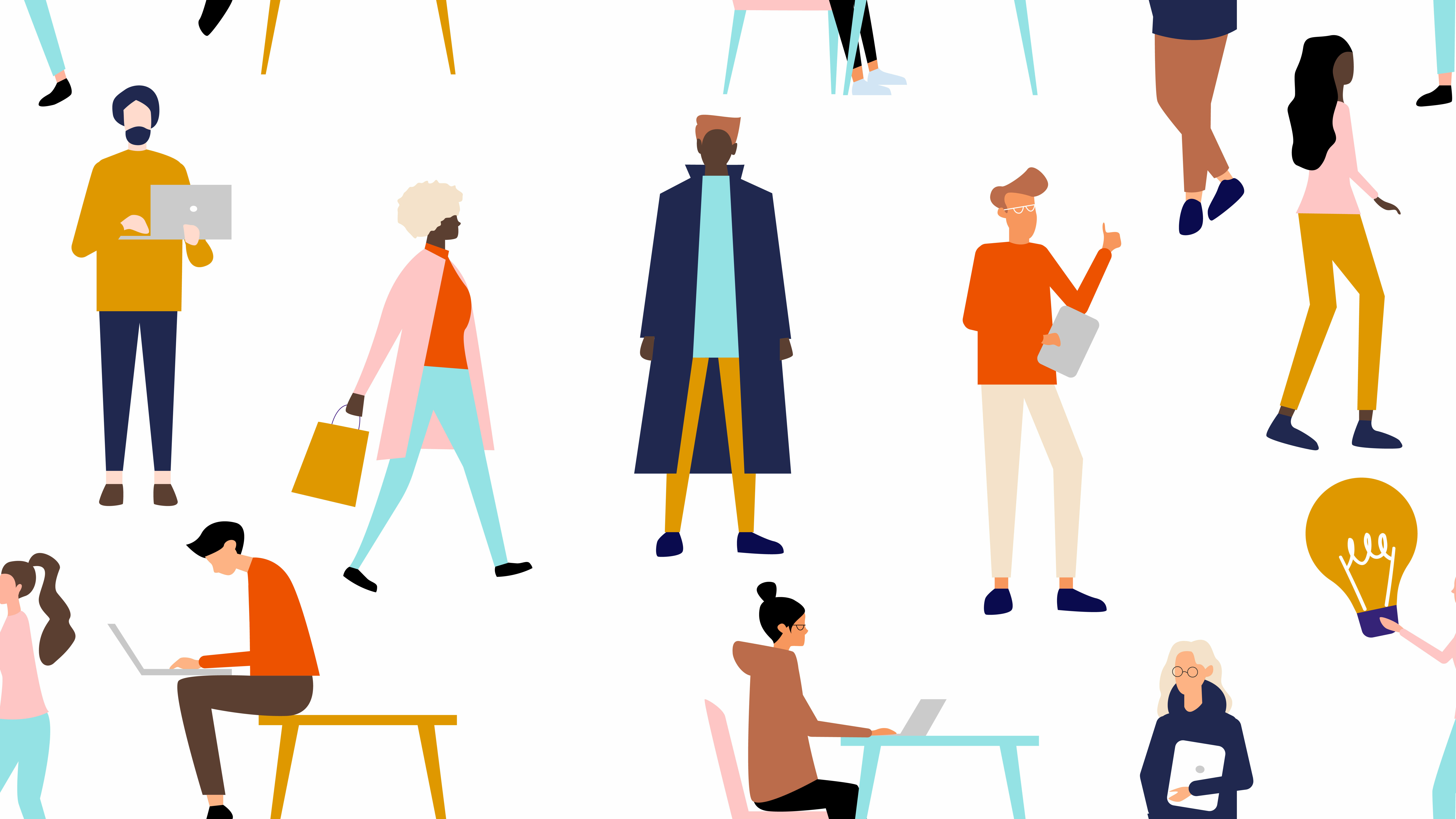 A cartoon graphic of various people working at desks, while walking or talking on a white background.
