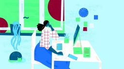 A colourful graphic (mostly light blue and green) of a black person with long hair sitting at a desk with a computer. The desk is next to a window and there is a clock and post-it notes on the wall. There is a cat sleeping on the floor and a pot plant on the windowsill.
