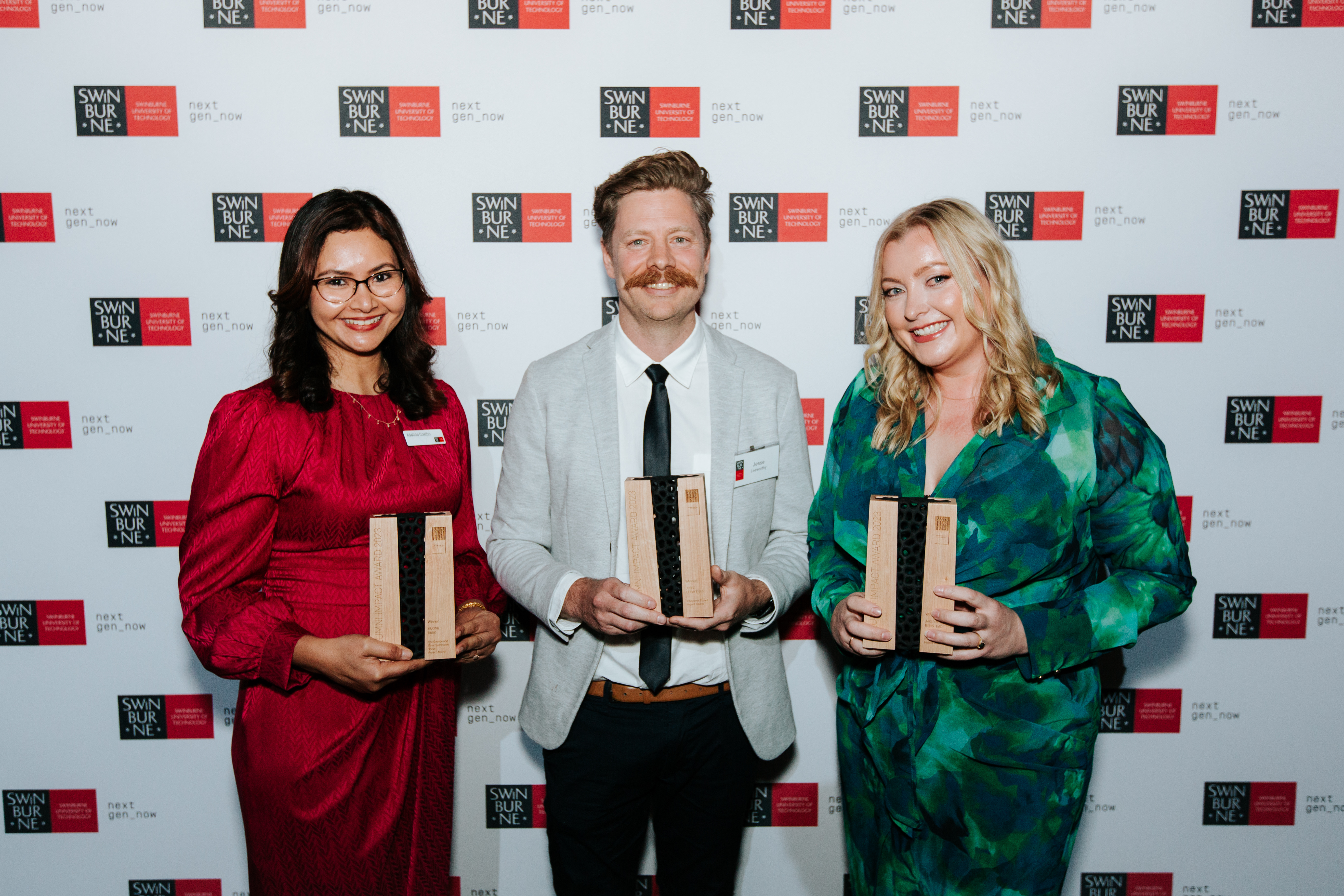 Jesse Leeworthy, Jaclyn Benstead and Huong Dang are the winners of the 2023 Alumni Impact Awards 