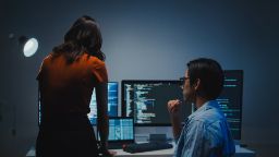 Two people looking at a computer