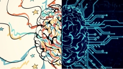 A graphic of a brain. The left hand side is on a cream background and has colourful squiggly lines and stars on it. The right hand side is black and blue with a computer network map of lines and nodes.